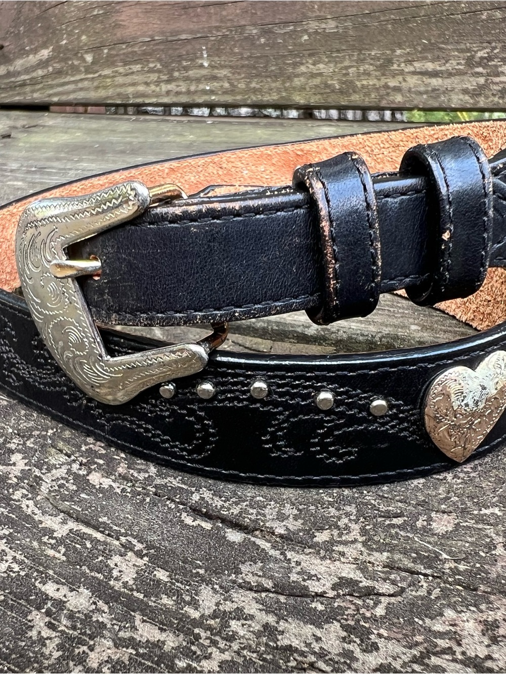 90s vintage Tony Llama Black Leather Western Belt with Studs & Heart Concho 28in